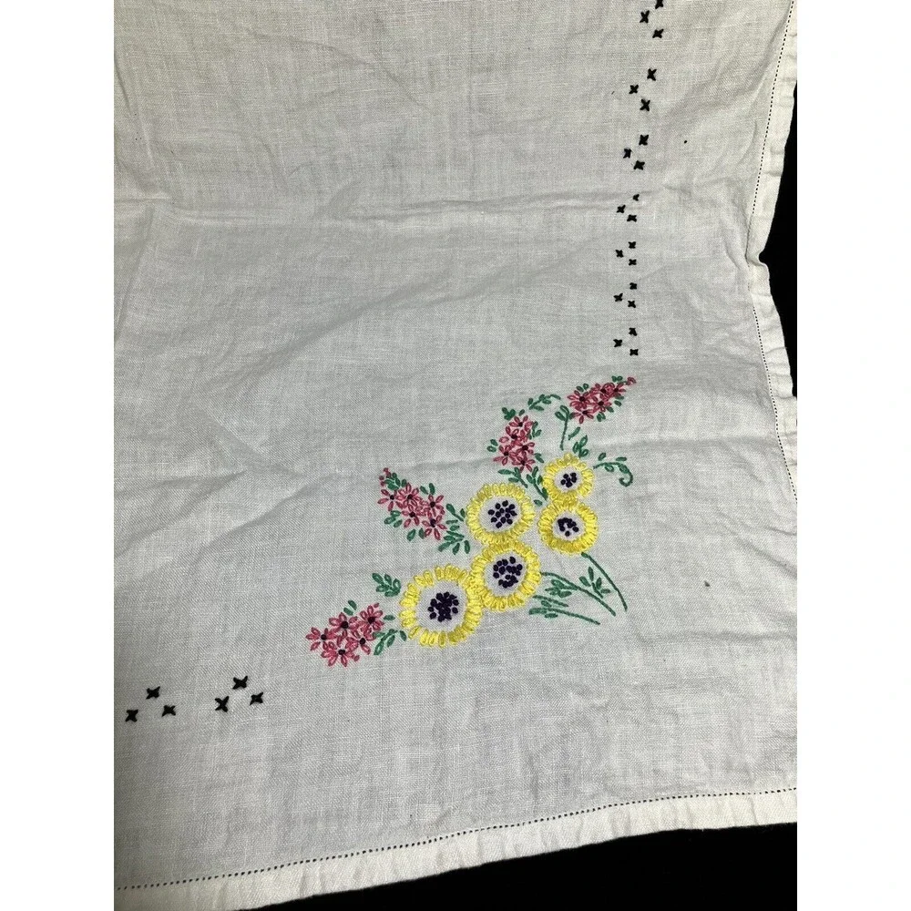 Vintage Tablecloth White Embroidered Floral - 31